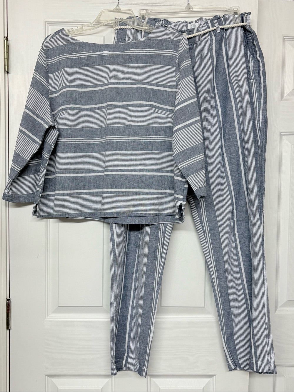 Sigrid Olsen Blue Striped Linen Blend Two Piece Set Pants Top Sz XL